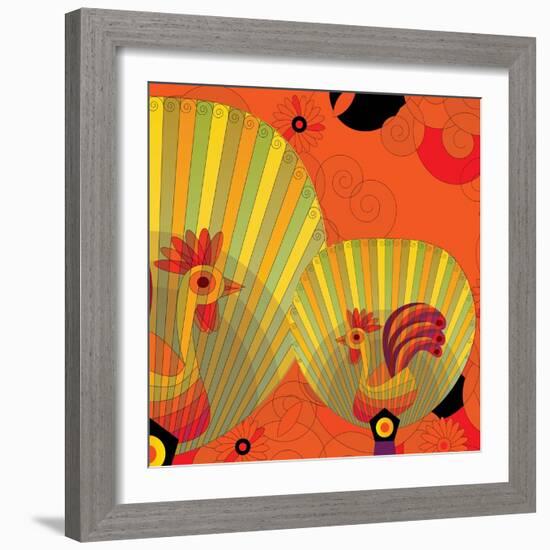 Nature Fan, Rooster Color-Belen Mena-Framed Giclee Print