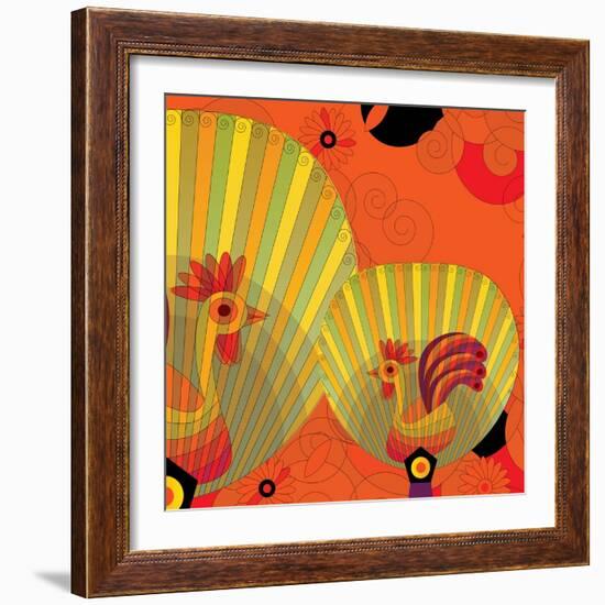 Nature Fan, Rooster Color-Belen Mena-Framed Giclee Print