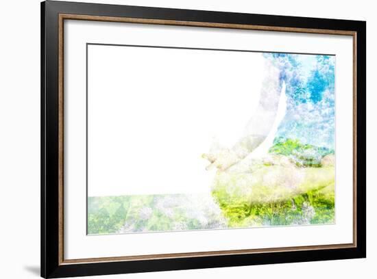 Nature Harmony Healthy Lifestyle Concept - Double Exposure Clouse up Image of Woman Doing Yoga Asa-f9photos-Framed Photographic Print