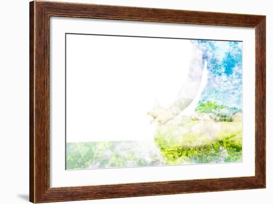 Nature Harmony Healthy Lifestyle Concept - Double Exposure Clouse up Image of Woman Doing Yoga Asa-f9photos-Framed Photographic Print