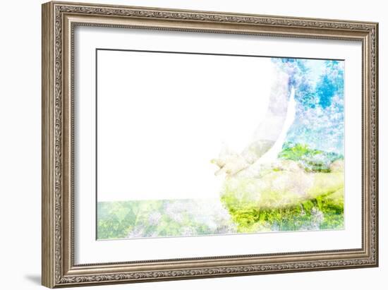 Nature Harmony Healthy Lifestyle Concept - Double Exposure Clouse up Image of Woman Doing Yoga Asa-f9photos-Framed Photographic Print