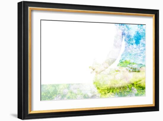 Nature Harmony Healthy Lifestyle Concept - Double Exposure Clouse up Image of Woman Doing Yoga Asa-f9photos-Framed Photographic Print