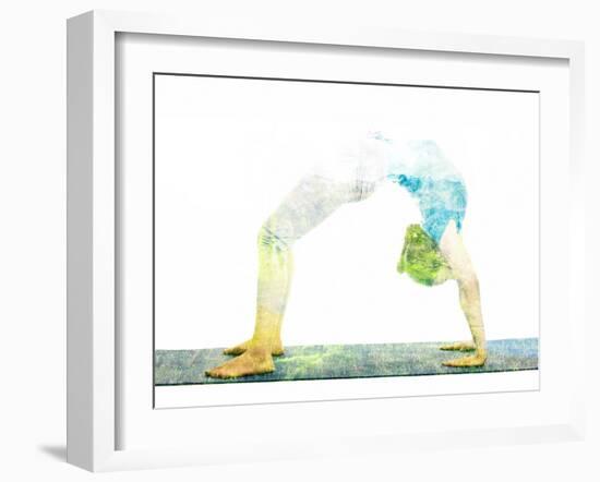 Nature Harmony Healthy Lifestyle Concept - Double Exposure Image of Woman Doing Yoga Asana Upward B-f9photos-Framed Photographic Print