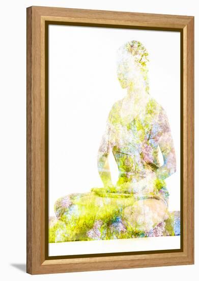 Nature Harmony Healthy Lifestyle Concept - Double Exposure Image of Woman Doing Yoga Lotus Position-f9photos-Framed Premier Image Canvas