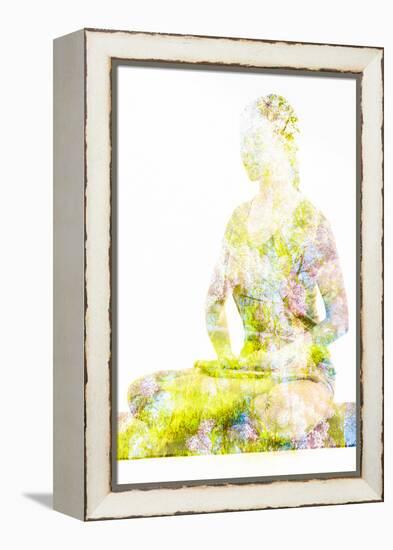 Nature Harmony Healthy Lifestyle Concept - Double Exposure Image of Woman Doing Yoga Lotus Position-f9photos-Framed Premier Image Canvas