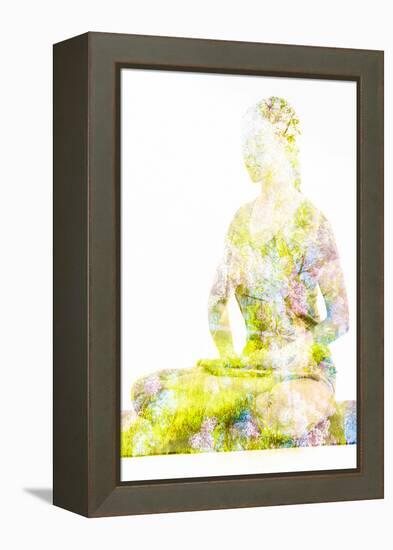 Nature Harmony Healthy Lifestyle Concept - Double Exposure Image of Woman Doing Yoga Lotus Position-f9photos-Framed Premier Image Canvas