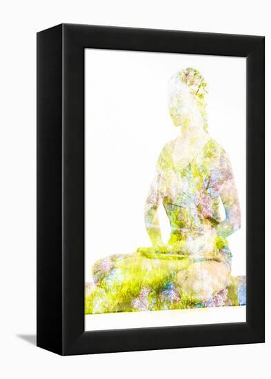 Nature Harmony Healthy Lifestyle Concept - Double Exposure Image of Woman Doing Yoga Lotus Position-f9photos-Framed Premier Image Canvas