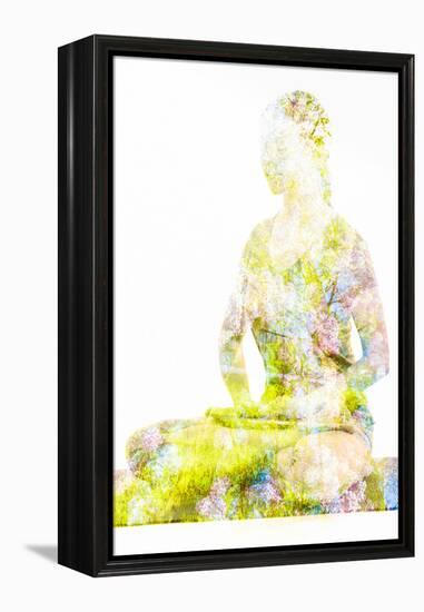 Nature Harmony Healthy Lifestyle Concept - Double Exposure Image of Woman Doing Yoga Lotus Position-f9photos-Framed Premier Image Canvas