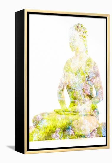 Nature Harmony Healthy Lifestyle Concept - Double Exposure Image of Woman Doing Yoga Lotus Position-f9photos-Framed Premier Image Canvas