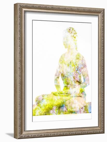 Nature Harmony Healthy Lifestyle Concept - Double Exposure Image of Woman Doing Yoga Lotus Position-f9photos-Framed Photographic Print