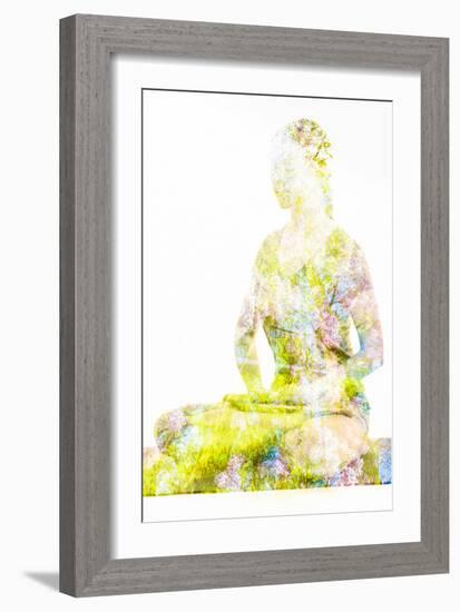 Nature Harmony Healthy Lifestyle Concept - Double Exposure Image of Woman Doing Yoga Lotus Position-f9photos-Framed Photographic Print