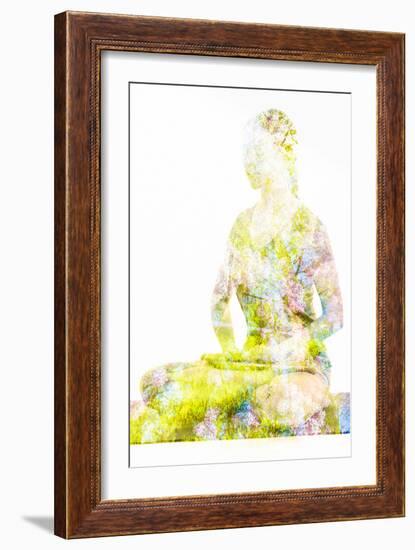 Nature Harmony Healthy Lifestyle Concept - Double Exposure Image of Woman Doing Yoga Lotus Position-f9photos-Framed Photographic Print