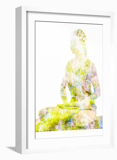 Nature Harmony Healthy Lifestyle Concept - Double Exposure Image of Woman Doing Yoga Lotus Position-f9photos-Framed Photographic Print