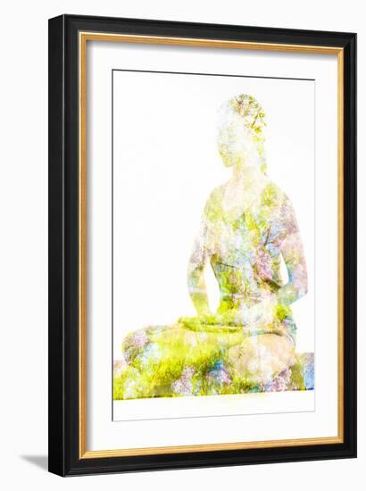 Nature Harmony Healthy Lifestyle Concept - Double Exposure Image of Woman Doing Yoga Lotus Position-f9photos-Framed Photographic Print