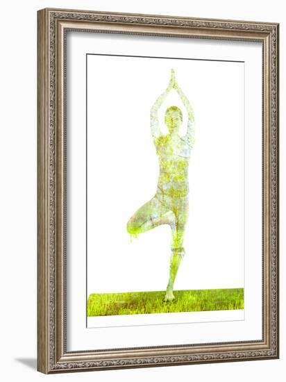 Nature Harmony Healthy Lifestyle Concept - Double Exposure Image of Woman Doing Yoga Tree Pose Asan-f9photos-Framed Photographic Print