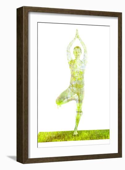 Nature Harmony Healthy Lifestyle Concept - Double Exposure Image of Woman Doing Yoga Tree Pose Asan-f9photos-Framed Photographic Print