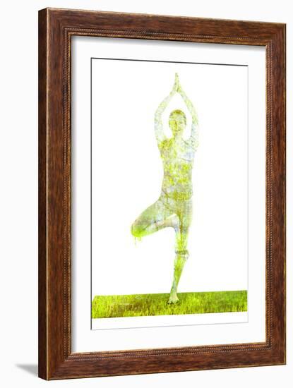 Nature Harmony Healthy Lifestyle Concept - Double Exposure Image of Woman Doing Yoga Tree Pose Asan-f9photos-Framed Photographic Print