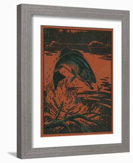 Nature Magazine - View of a Bass Jumping Out of Water to Eat a Dragonfly, c.1952-Lantern Press-Framed Art Print