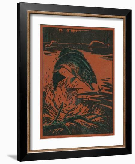 Nature Magazine - View of a Bass Jumping Out of Water to Eat a Dragonfly, c.1952-Lantern Press-Framed Art Print