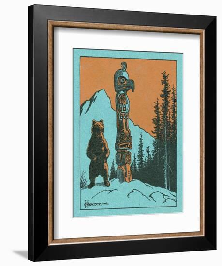 Nature Magazine - View of a Bear by a Totem Pole, c.1953-Lantern Press-Framed Art Print