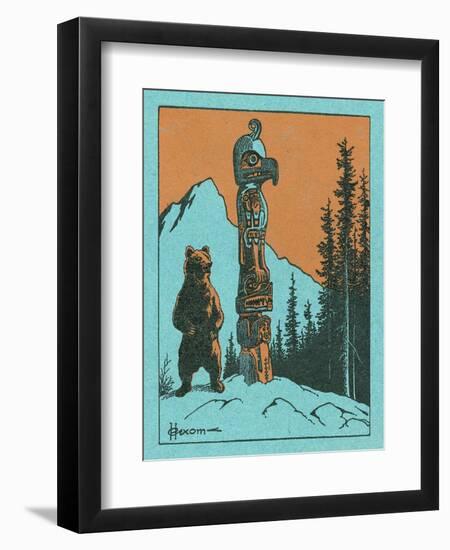 Nature Magazine - View of a Bear by a Totem Pole, c.1953-Lantern Press-Framed Art Print