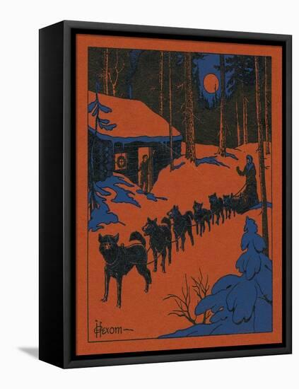Nature Magazine - View of a Dog Sled and Team, Couple with Cabin in a Snowy Winter Scene, c.1952-Lantern Press-Framed Stretched Canvas