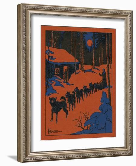 Nature Magazine - View of a Dog Sled and Team, Couple with Cabin in a Snowy Winter Scene, c.1952-Lantern Press-Framed Art Print