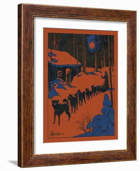 Nature Magazine - View of a Dog Sled and Team, Couple with Cabin in a Snowy Winter Scene, c.1952-Lantern Press-Framed Art Print
