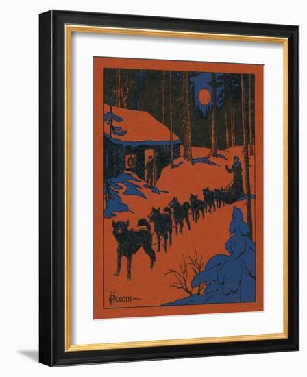 Nature Magazine - View of a Dog Sled and Team, Couple with Cabin in a Snowy Winter Scene, c.1952-Lantern Press-Framed Art Print