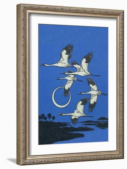 Nature Magazine - View of a Flock of Geese Flying in Formation in the Moonlight, c.1951-Lantern Press-Framed Art Print