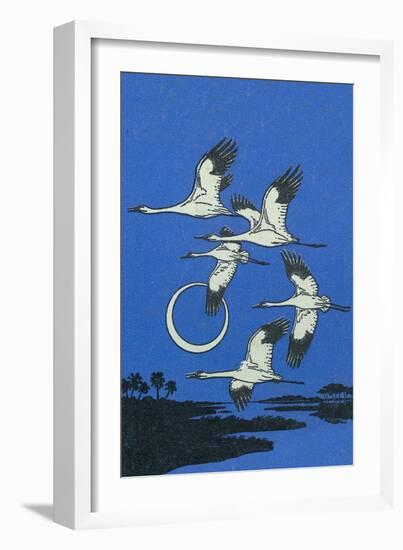 Nature Magazine - View of a Flock of Geese Flying in Formation in the Moonlight, c.1951-Lantern Press-Framed Art Print