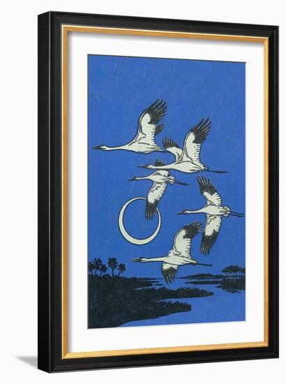 Nature Magazine - View of a Flock of Geese Flying in Formation in the Moonlight, c.1951-Lantern Press-Framed Art Print