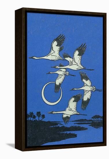 Nature Magazine - View of a Flock of Geese Flying in Formation in the Moonlight, c.1951-Lantern Press-Framed Stretched Canvas