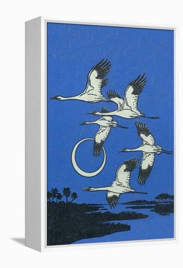 Nature Magazine - View of a Flock of Geese Flying in Formation in the Moonlight, c.1951-Lantern Press-Framed Stretched Canvas