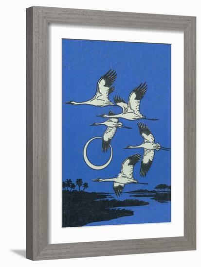 Nature Magazine - View of a Flock of Geese Flying in Formation in the Moonlight, c.1951-Lantern Press-Framed Premium Giclee Print