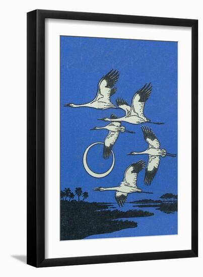 Nature Magazine - View of a Flock of Geese Flying in Formation in the Moonlight, c.1951-Lantern Press-Framed Premium Giclee Print