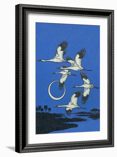 Nature Magazine - View of a Flock of Geese Flying in Formation in the Moonlight, c.1951-Lantern Press-Framed Premium Giclee Print