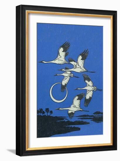 Nature Magazine - View of a Flock of Geese Flying in Formation in the Moonlight, c.1951-Lantern Press-Framed Premium Giclee Print