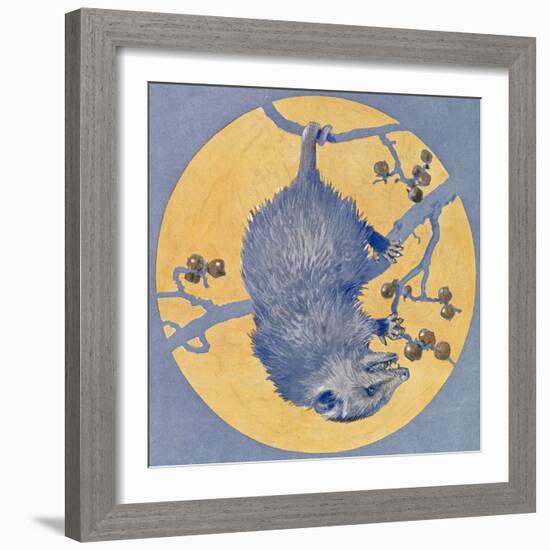 Nature Magazine - View of a Opossum Hanging Upside Down under a Full Moon, c.1926-Lantern Press-Framed Art Print