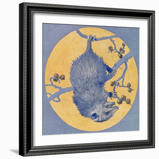 Nature Magazine - View of a Opossum Hanging Upside Down under a Full Moon, c.1926-Lantern Press-Framed Art Print