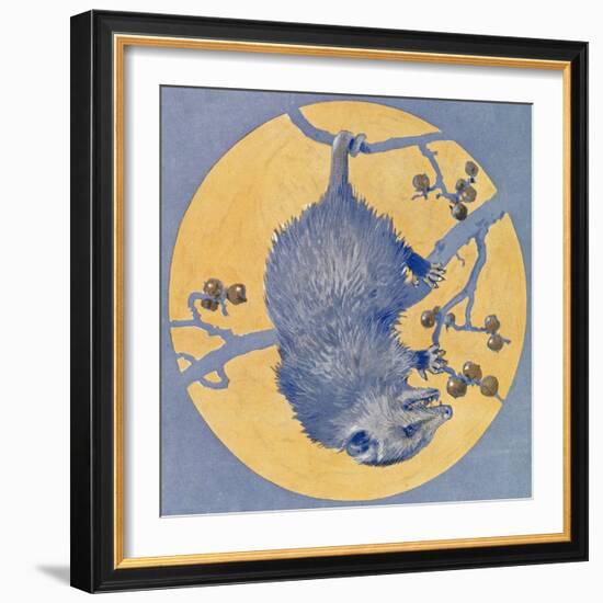 Nature Magazine - View of a Opossum Hanging Upside Down under a Full Moon, c.1926-Lantern Press-Framed Art Print