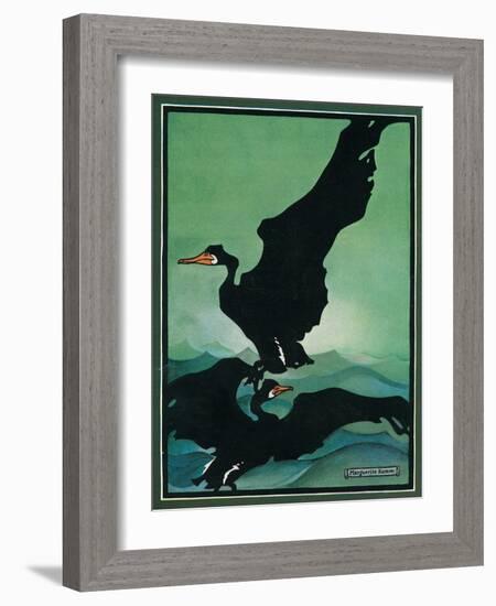 Nature Magazine - View of a Pair of Black Swans in Flight, c.1931-Lantern Press-Framed Art Print