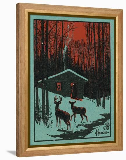 Nature Magazine - View of Deer in the Forest, Winter Scene with a Cabin, c.1951-Lantern Press-Framed Stretched Canvas