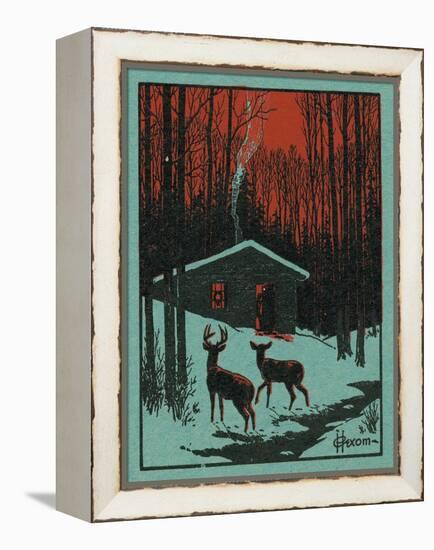 Nature Magazine - View of Deer in the Forest, Winter Scene with a Cabin, c.1951-Lantern Press-Framed Stretched Canvas