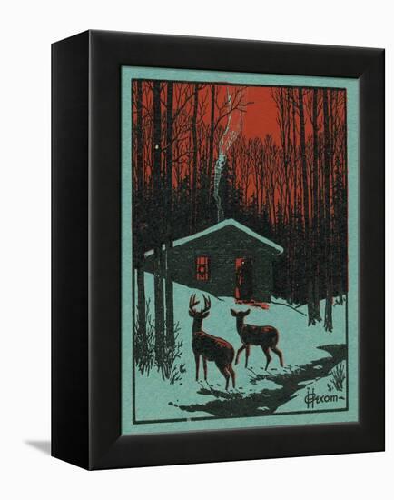 Nature Magazine - View of Deer in the Forest, Winter Scene with a Cabin, c.1951-Lantern Press-Framed Stretched Canvas