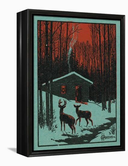 Nature Magazine - View of Deer in the Forest, Winter Scene with a Cabin, c.1951-Lantern Press-Framed Stretched Canvas