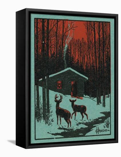 Nature Magazine - View of Deer in the Forest, Winter Scene with a Cabin, c.1951-Lantern Press-Framed Stretched Canvas