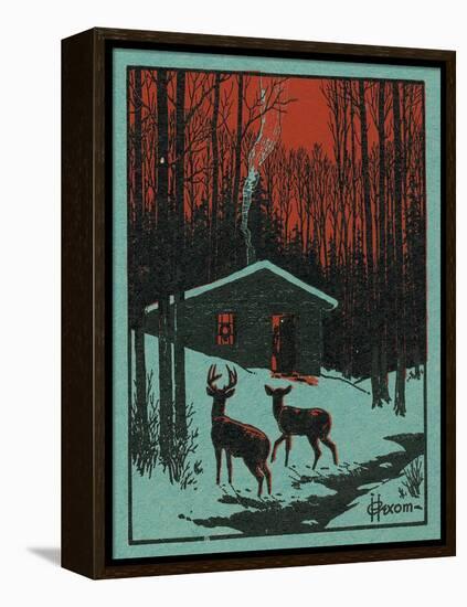 Nature Magazine - View of Deer in the Forest, Winter Scene with a Cabin, c.1951-Lantern Press-Framed Stretched Canvas