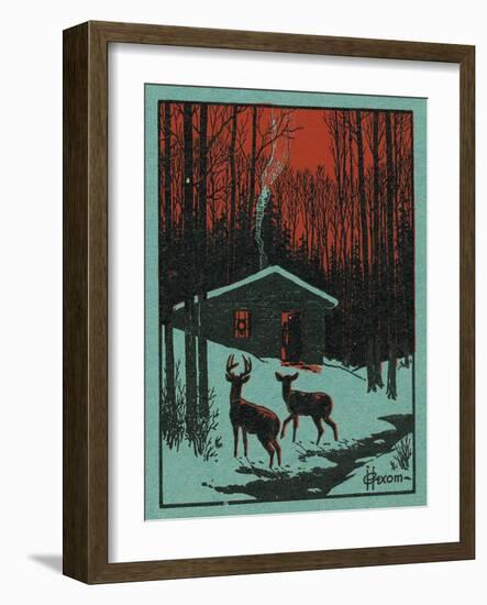 Nature Magazine - View of Deer in the Forest, Winter Scene with a Cabin, c.1951-Lantern Press-Framed Art Print