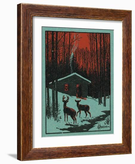 Nature Magazine - View of Deer in the Forest, Winter Scene with a Cabin, c.1951-Lantern Press-Framed Art Print